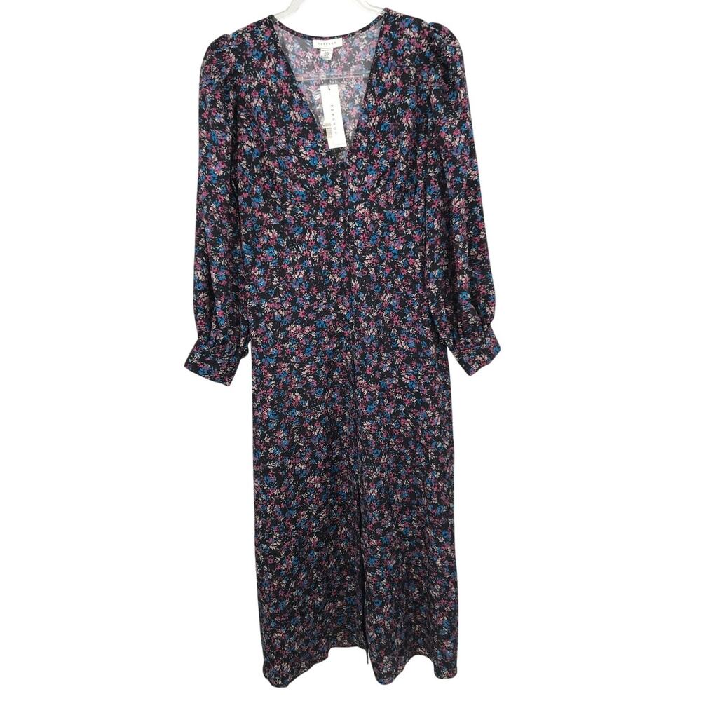 Topshop Maternity Floral Midi Dress Size 6 Button Down Puff Sleeve